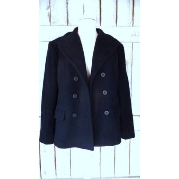 Vintage 90s black wool double breasted pea coat jacket black wool coat - Picture 2 of 8